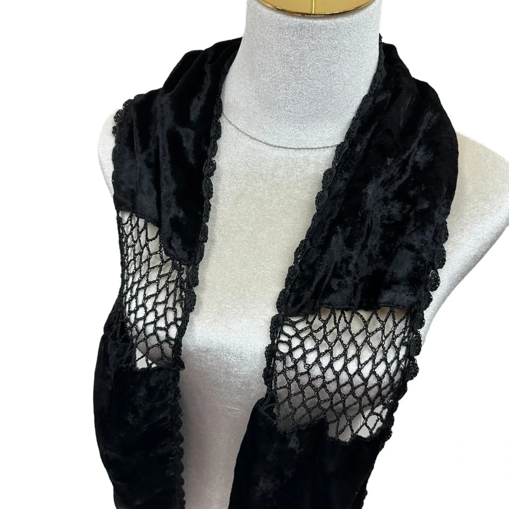 Whimsigoth Black Velvet Lace Fringe Scarf, Vintage Elegance